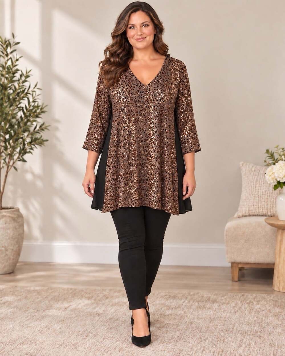 Karen Kane 1X Leopard Velvet Burnout V-neck 3/4 Sleeve Fall Top Animal USA Modes